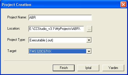 149 EK-5 (Devam) DSP içerisinde çalıştırılan programın CCS v3.3 ile oluşturulması Şekil 5.1. CCS proje oluşturma ekranı Oluşturulan projeye kaynak dosya eklenirken Project menüsünden Add Files to Project seçildikten sonra Şekil 5.