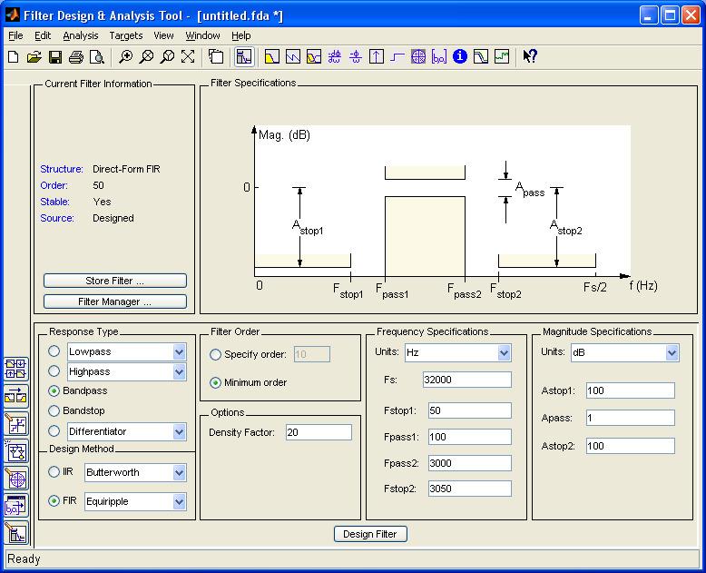 154 EK-6 Filtre katsayılarının belirlenmesi 1) MATLAB komut ekranına fdatool yazıldığında Şekil 6.1 deki filtre tasarım ve analiz aracı (FDATool) açılır. Şekil 6.1. Filtre tasarım ve analiz aracı