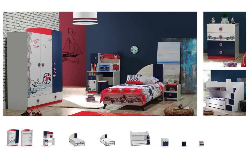 ÇOCUK ODASI KIDSROOM Rota Çocuk Odası / KIDS ROOM Bu kompozisyon Üçlü Dolap, Karyola, Çalışma Masası ve Komodin ile oluşturulmuştur.