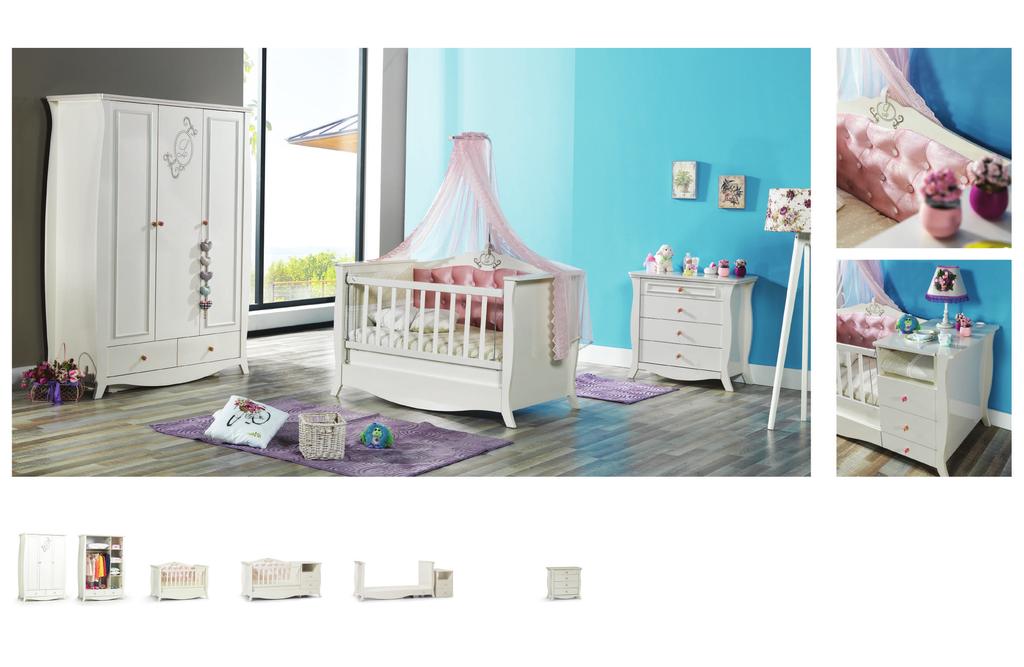 BEBEK ODASI BABYROOM Lilyum Bebek Odası / BABY ROOM Short / KISA Bu kompozisyon Üçlü Dolap, Kısa Beşik ve Şifonyer ile oluşturulmuştur.