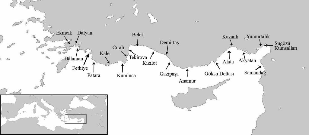 Şekil 2.1. Türkiye deki yuvalama kumsalları Deniz kaplumbağalarını tehdit eden faktörler, insan kaynaklı ve doğal kaynaklı etkiler olarak iki başlık altında incelenebilir.
