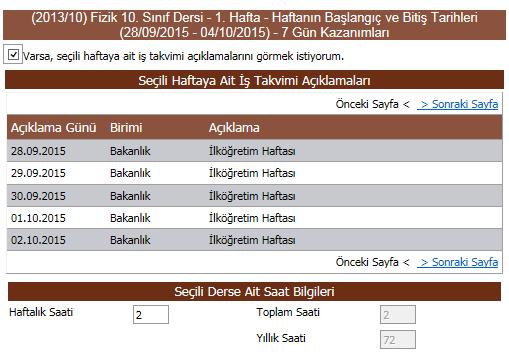 Yine bu ekranda o haftaya ait iş takviminde ki var ise açıklamalarda görülebilecektir.