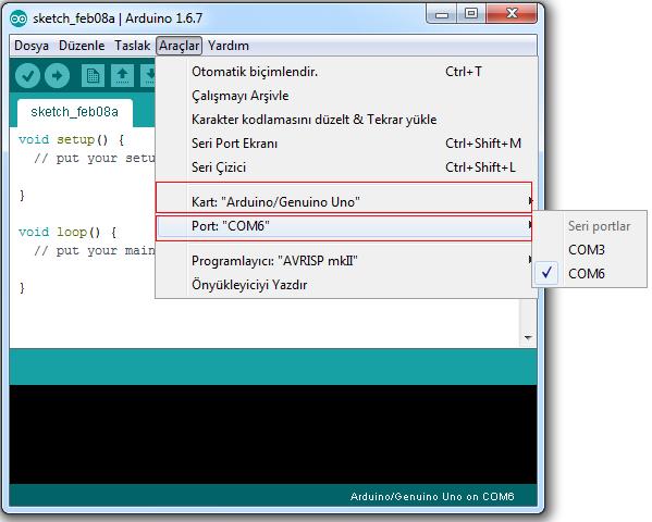 Arduino kartına yükle Hataları Kontrol Et Kayıtlı programı aç Yeni program oluştur Programı Kaydet!!! Arduino programında kaydettiğimiz dosyaların uzantısı.ino dur. Örnek : led_yak.