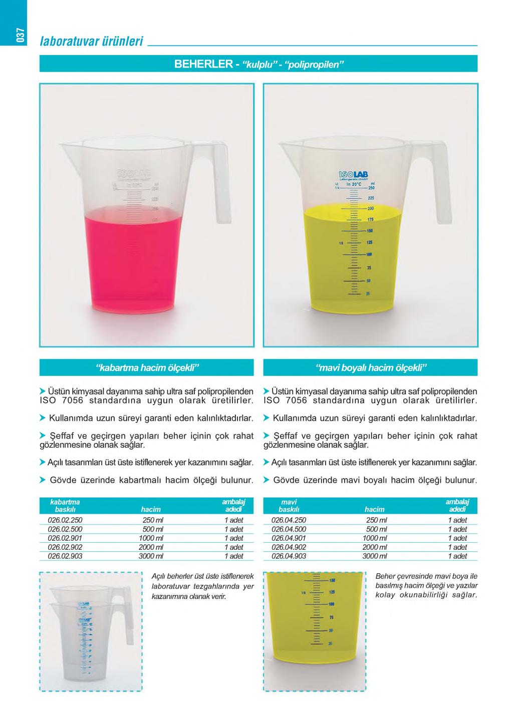 037 laboratuvarürünleri B E H E R L E R - kulplu - polipropilen m * * kabartma ölçekli > Üstün kimyasal dayanıma sahip ultra saf polipropilenden ISO 7056 standardına uygun olarak üretilirler.