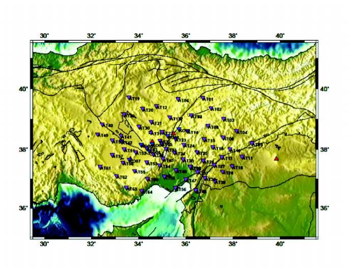 CD-CAT projesi kapsamında kurulan geniş bandlı geçici deprem istasyonlarının dağılımı.