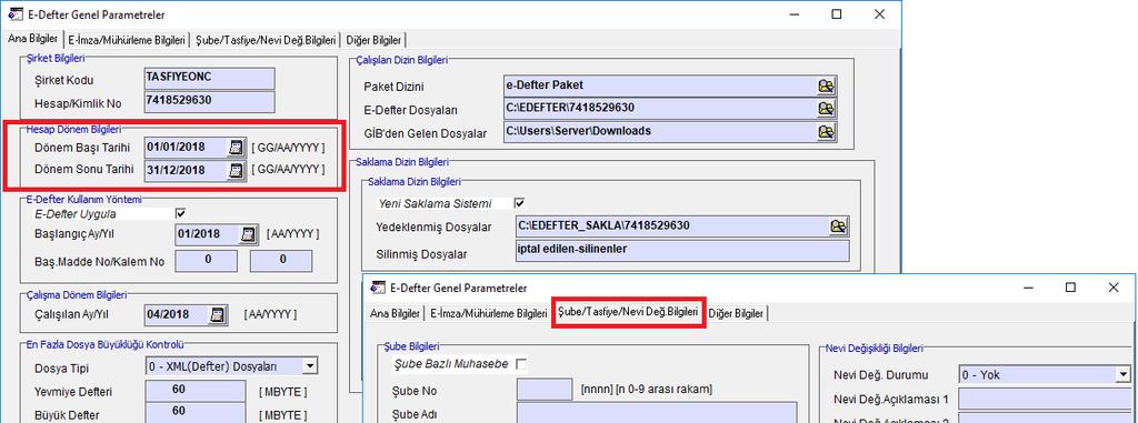 Ekran 1: Tasfiye Öncesi E-Defter Genel Parametreleri Yapılan değişiklikler F2 Kayıt tuşu ile