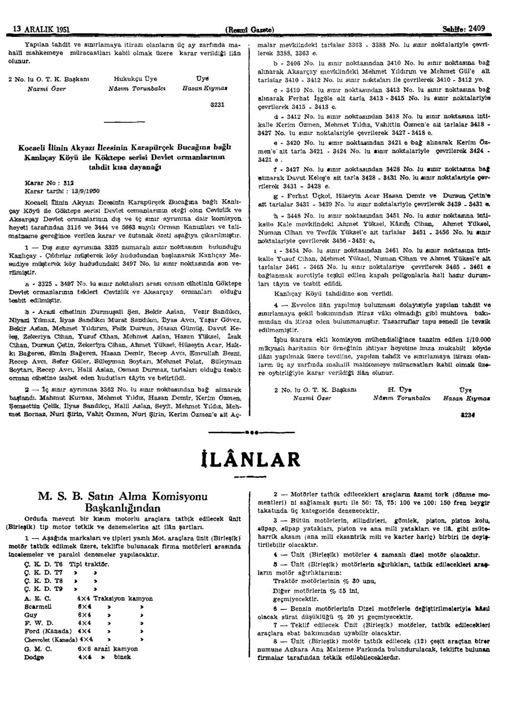 13 ARALIK 1951 (Resmî Gazete) Sahife: 2409 Yapılan tahdit ve sınırlamaya itirazı olanların üç ay zarfında mahallî mahkemeye müracaatları kabil olmak üzere karar verildiği ilân olunur. 2 No. lu O. T.