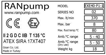 3.1. Diyafram pompa şekil 1 deki isim plakasını taşımaktadır Şekil 1 Pompa isim plakası Ürün Serisi Açıklama Sertifikasyon Sınıfı Pompa gövde ve manifoldları RAN Ex-proof Serisi metal malzemeden