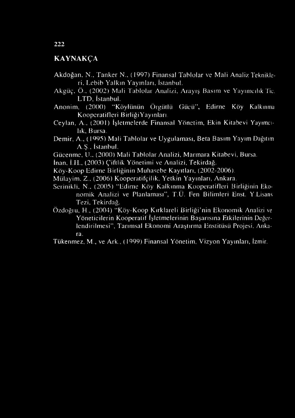 , (1995) Mali Tablolar ve Uygulaması, Beta Basım Yayım Dağıtım A.Ş.. İstanbul. Gücenme, EL (2000) Mali Tablolar Analizi, Marmara Kitabevi, Bursa. İnan, İ.II.