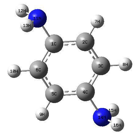 Şekil 2. PPD ligand molekülünün yapısı. Çizelge 2 ye bakıldığında serbest haldeki PPD molekülünde 3372 cm -1 de gözlenen NH 2 asimetrik modu elde edilen M(PPD)Ni(CN) 4.