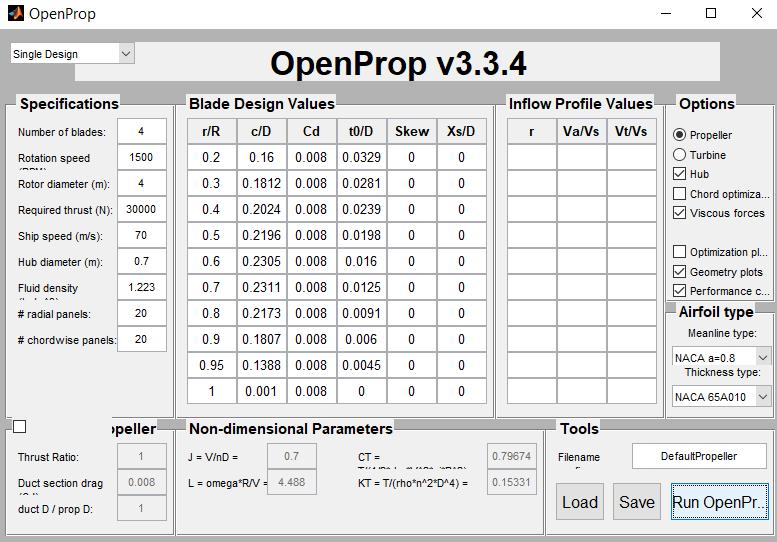 5.4) OpenProp 5.4.1) OpenProp Örnek Uygulama.Aşağıdaki parametrelerin verilmiş olduğunu varsayalım; Gerekli İtki: 30000 N Hız: 70 m/s Rotor Çapı: 4 m Hub Çapı: 0.