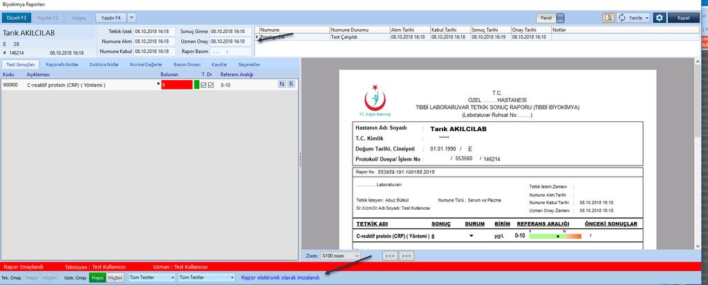 Ayarlar bu şekilde yapıldığında laboratuvar sonuç raporuna uzman onayı vermek istediğinizde ilgili uzman doktorun e-imzasının bilgisayarda takılı olması gerekmektedir.