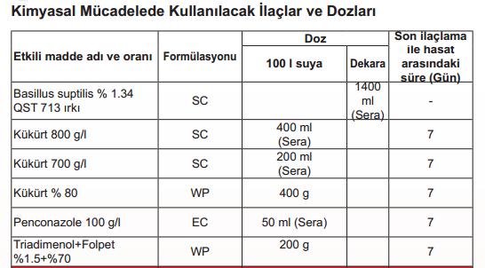 Hastalıksız fide kullanılmalı. Hastalıklı bitki artıkları toplanıp yokedilmeli. Kükürtlü fungisitlerle ilaçlama yapılmalıdır.