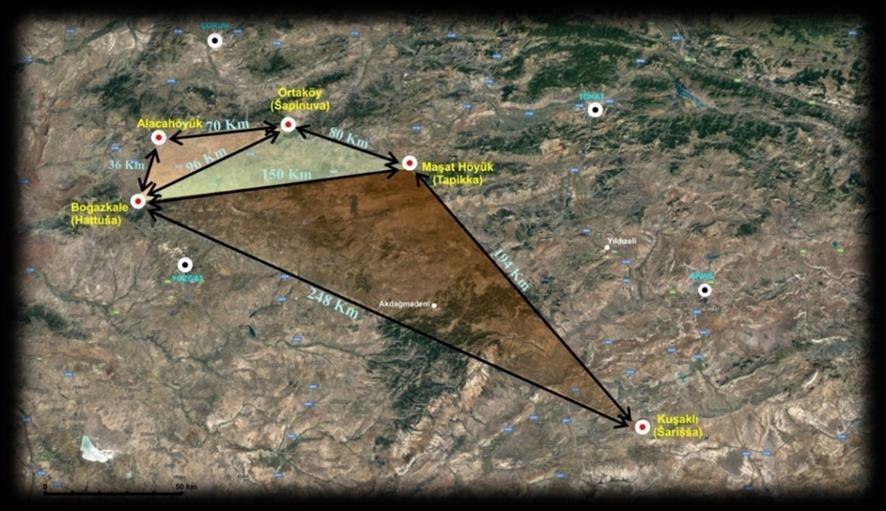 Nermin ATİLA Harita 2: Hitit Kentlerin Arasındaki Uzaklık Hitit kentlerinin birbirlerine uzaklığı, Hattuša- Alacahöyük 36 km, Hattuša- Eskiyapar 20,7 km, Hattuša-Šapinuwa arası 96 km olduğu, Hattuša-