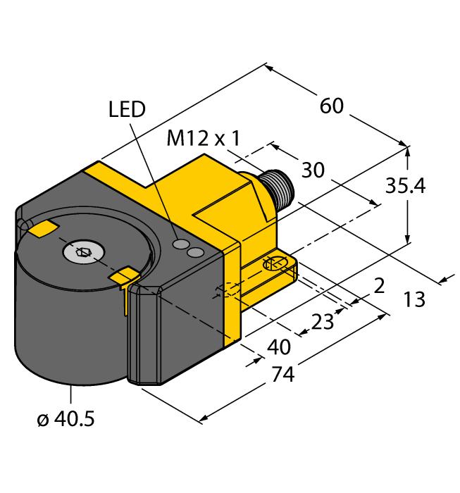 Dikdörtgen, gövde DSU35 Plastik, PP-GF30-VO 0 ila 360 açısal konumların algılanması Konumlandırma elemanı P1-Ri-DSU35 teslimata dahildir LED ölçüm aralığını gösterir Elektromanyetik enterferanslara