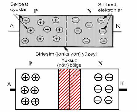 Şekil-1. P-N eklemi p ve n tipi malzemeler kimyasal yolla birleştiğinde n-tipindeki çoğunluk taşıyıcı elektronlar birleşme yüzeyine doğru harekete geçerler.