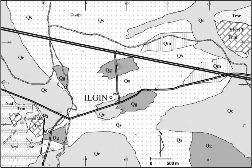 4. KONYA-ILGIN BÖLGESİNDE YER RADARI ARAŞTIRMALARI 4.1 Araştırma Bölgesinin Jeolojisi Bölgenin 1:25.000 ölçekli olarak hazırlanan jeoloji haritası Şekil 4.1 de gösterilmektedir.