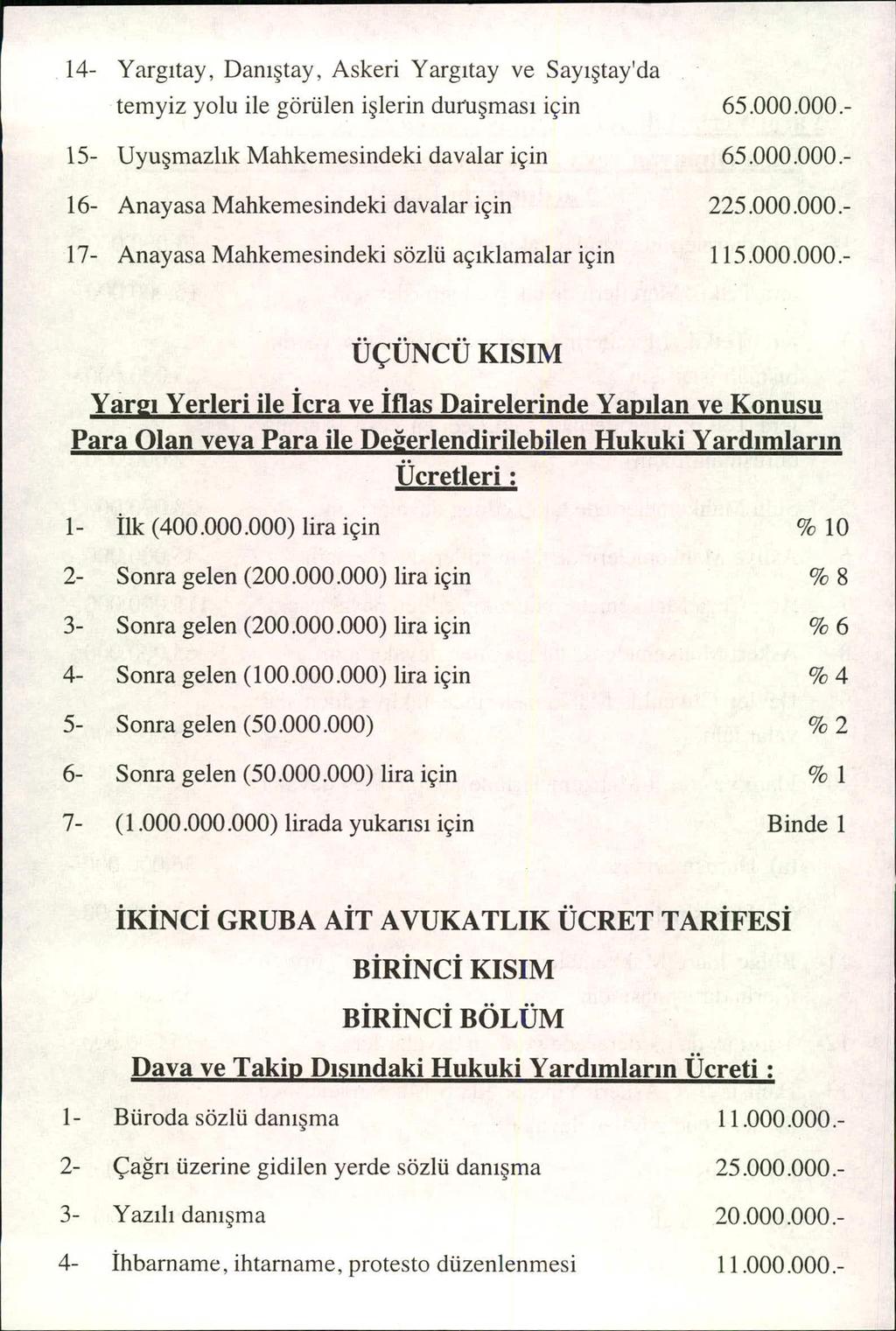 14- Yarg ıtay, Dan ıştay, Askeri Yarg ıtay ve Say ıştayda temyiz yolu ile görülen i şlerin du ı u şmas ı için 65.000.000 15- Uyu şmazl ık Mahkemesindeki davalar için 65.000.000 16- Anayasa Mahkemesindeki davalar için 225.