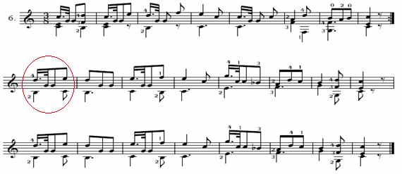 Gitaristin adapte olması istenen hareket, akorun arkasından gelen legatolu, tek sesli bir motiftir. Şekil 3.6 Aguado, Etüt No.6 Buradaki temel ritmik motif de işaretli bölgedeki gibidir.