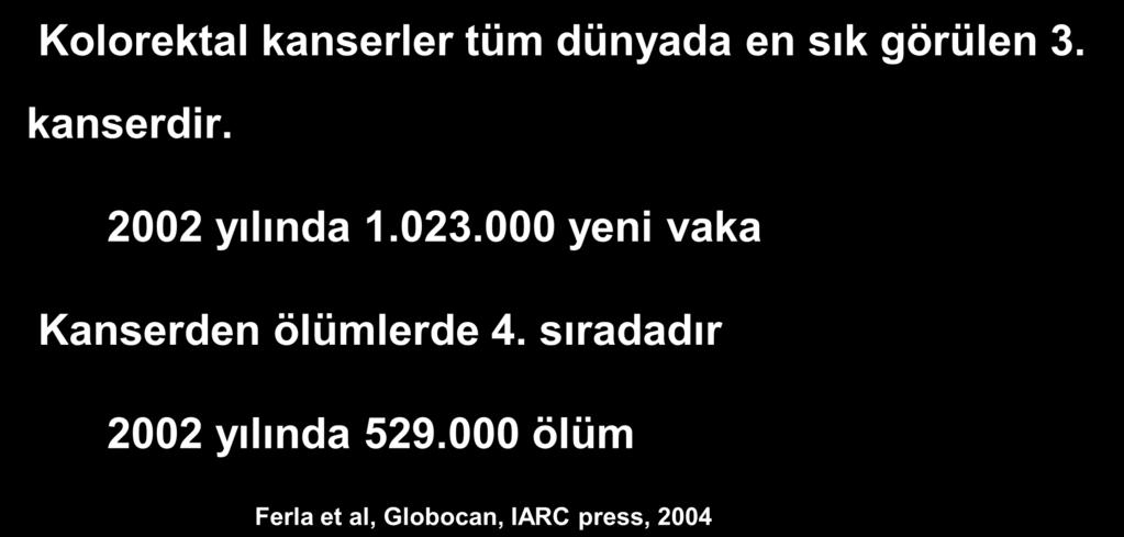 KOLOREKTAL KANSER Kolorektal kanserler tüm dünyada en sık görülen 3. kanserdir. 2002 yılında 1.023.