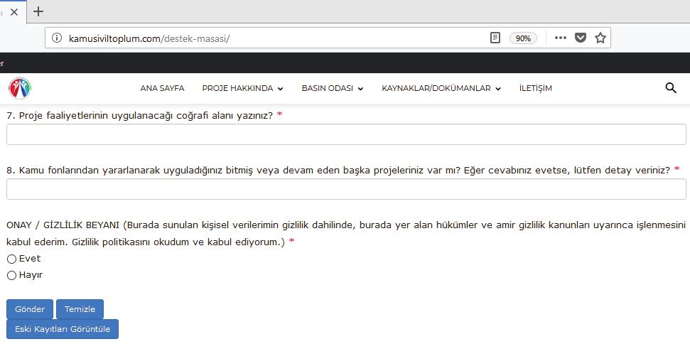 PROJE DESTEĞİ, GİZLİLİK ONAYI, KAYIT GÖRÜNTÜLEME 1. Proje faaliyetlerinin coğrafi yayılımı. 2. Devam eden ve tamamlanan projelerin özeti. 3. Tüm bilgiler doğru ise kayıt formu ibraz edilmelidir. 4.