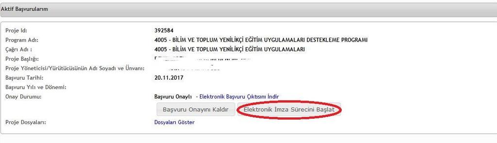 Şekil 35 Proje onayı verildikten sonra «Başvurularım» sayfasında