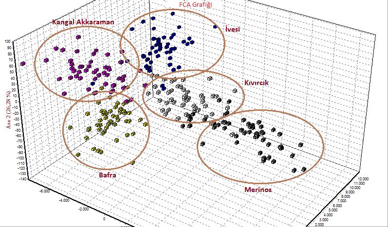 3.4.5. Faktöriyel Uygunluk Analizi (Factorial Correspondence Analysis-FCA) Hesaplanan FCA analizinde elde edilen veriler aşağıdaki şekil 3.27 de gösterilmektedir.