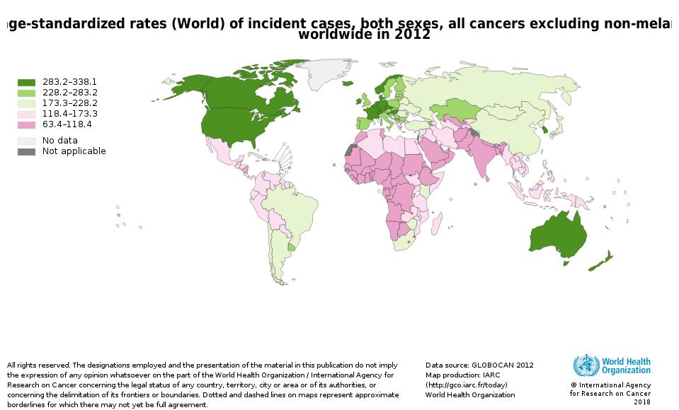 Şekil 9 da WHO nun dünya nüfusunda yaşa standardize kanser insidansı hızları haritası görülmektedir [7]. Veri yok/ulaşılamadı Şekil 9.