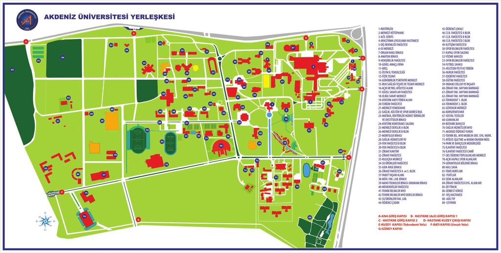 Akdeniz Üniversitesi Yerleşkesi Harita Akdeniz Üniversitesi ne Ulaşım Havayolu ile: Uluslararası Antalya Havaalanından şehir merkezine ulaşmak için HAVAŞ otobüsünü veya 600/800 numaralı otobüsleri