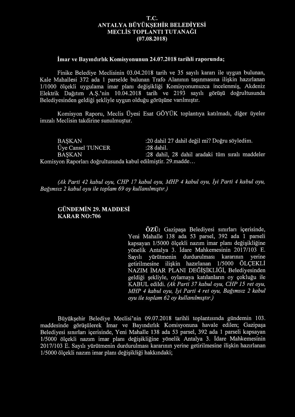 incelenmiş, Akdeniz Elektrik Dağıtım A.Ş. nin 10.04.2018 tarih ve 2193 sayılı görüşü doğrultusunda Belediyesinden geldiği şekliyle uygun olduğu görüşüne varılmıştır. :20 dahil 27 dahil değil mi?