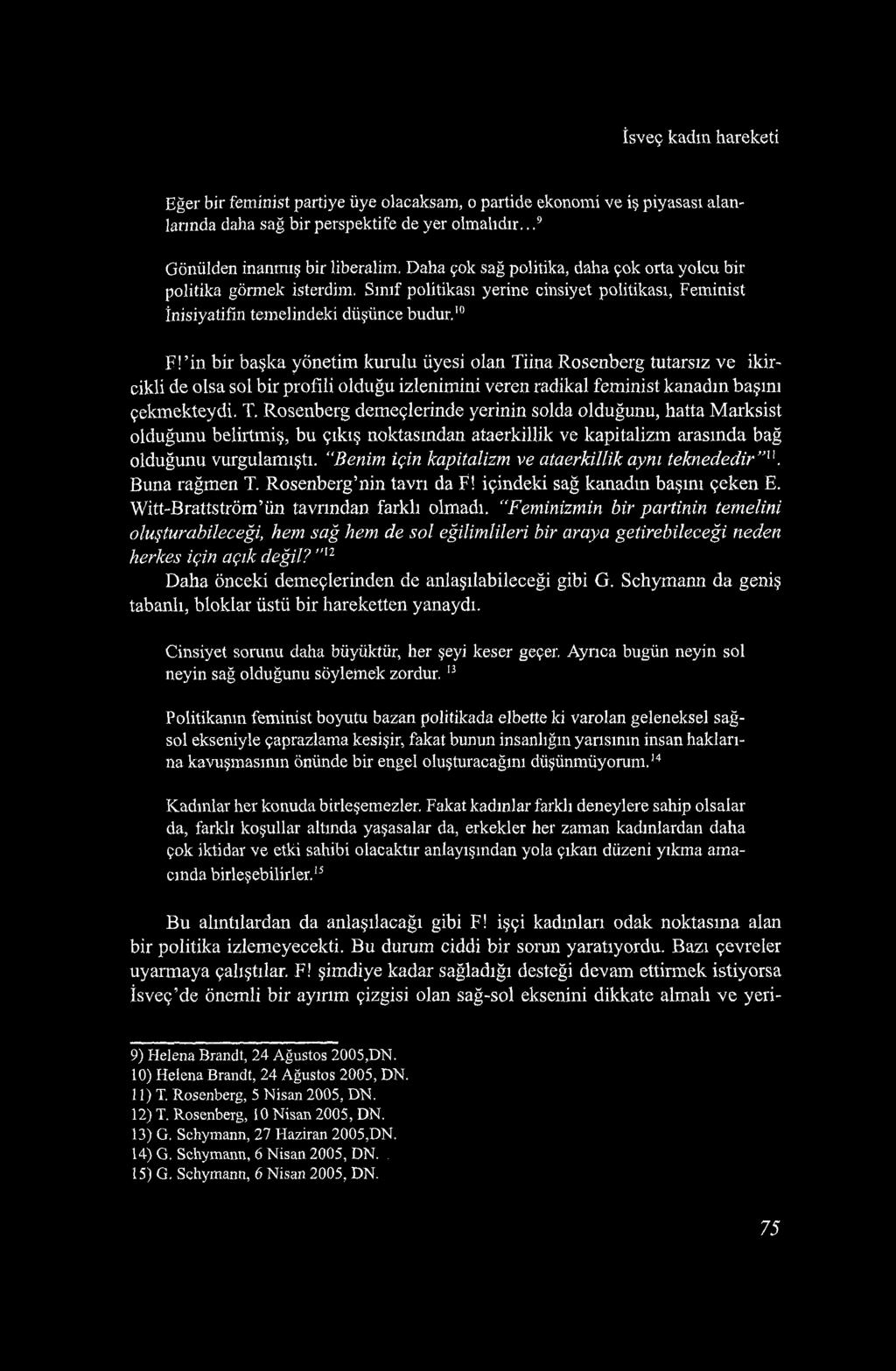 İsveç kadın hareketi Eğer bir feminist partiye üye olacaksam, o partide ekonomi ve iş piyasası alanlarında daha sağ bir perspektife de yer olmalıdır..,9 Gönülden inanmış bir liberalim.