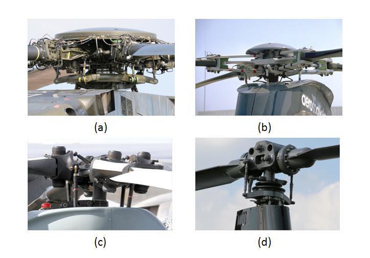 Şekil 1.2 : Helikopter rotor çeşitleri (a) Mafsallı rotor (b) Menteşesiz rotor (c) Mafsalsız rotor (d) Tahterevalli rotor.