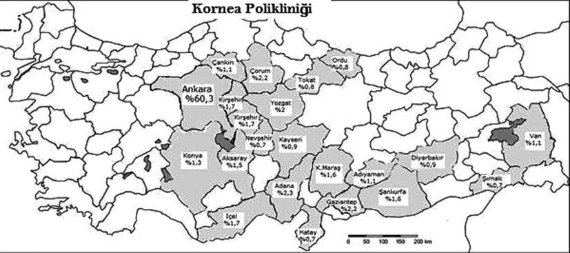 Tüm göz hastalıkları polikliniklerinde yapılan muayeneler içinde İç Anadolu Bölgesi haricindeki coğrafi bölgeler belirgin olarak az yer tutarken (Şekil 7).