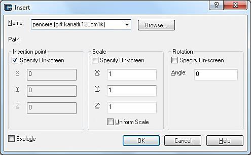 11 Scale ile ölçeklendirerek bloğun çağırılması için kullanılır. Specify On-screen onay kutusunun işaretli olması durumunda bloğun X, Y ve Z eksenlerindeki ölçek katsayıları girilmelidir.