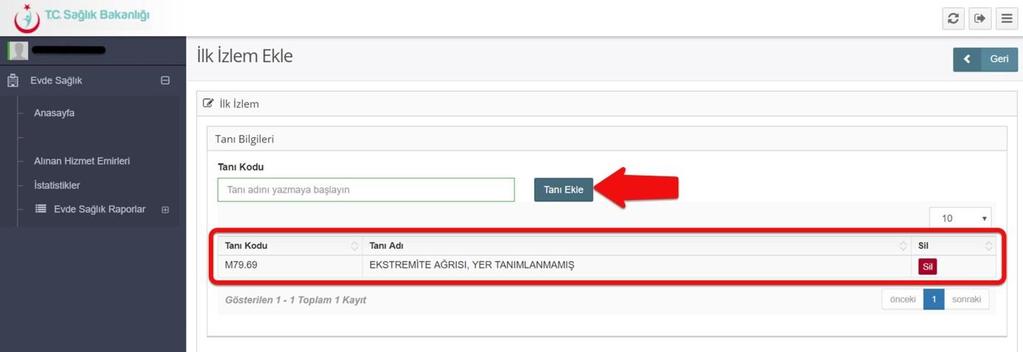 girilip Tanı Ekle butonuna basılır ve tanı