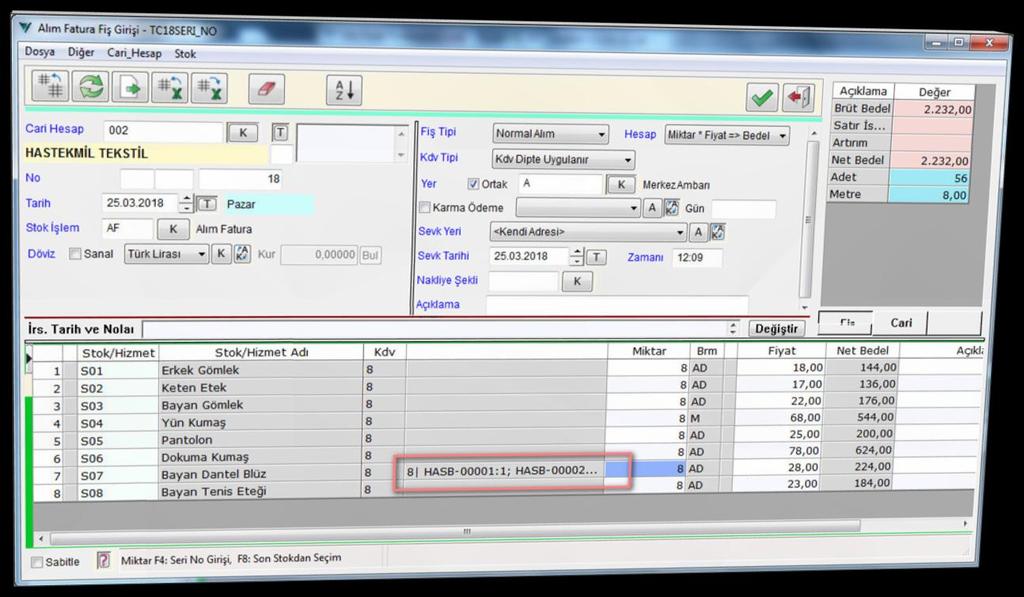 EK İŞLEMLER Alım Fişinde Seri No Oluşturma Alım Fiş giriģinde detay satır miktar hücresinde F4 ile seri no belirtilebilir. Bu durumda ürün için verilecek seri no, elle verilen yapıya göre oluģturulur.