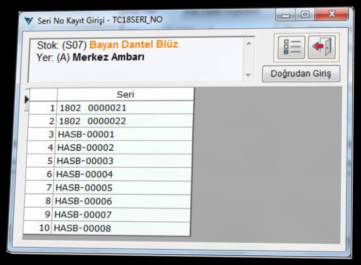 Seri No listesinde parametrede verilen kurala göre oluşturulan seriler ve elle belirtilerek oluşturulan seriler, her ikisi de görünür. Hangisinin satıģı yapılacaksa o seçilir.