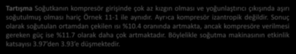 olması hariç Örnek 11-1 ile aynıdır. Ayr ca kompresör izantropik değildir. Sonuç olarak soğutulan ortamdan çekilen ısı %10.