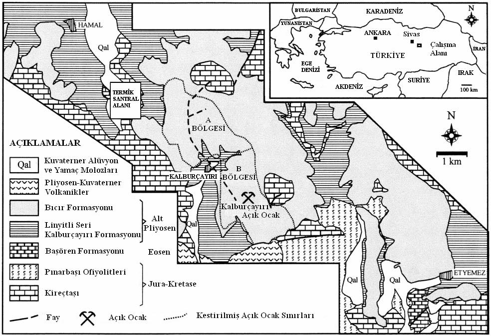 Şekil 3. Kalburçayırı linyit sahası basitleştirilmiş jeoloji haritası (Tercan ve Karayiğit (2001) den değiştirilerek alınmıştır) 3.