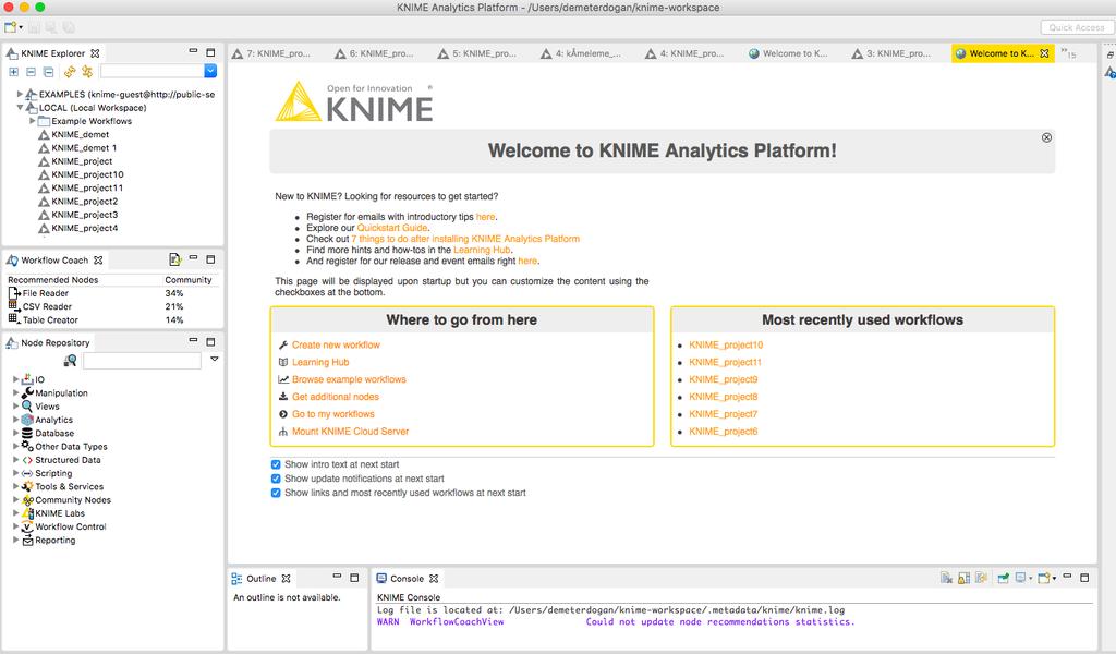 Şekil 1.3.8 Şekil 1.3.8, Knime açıldıktan sonra görülen ilk ekrandır ve bazı alt pencerelerden oluşmaktadır.