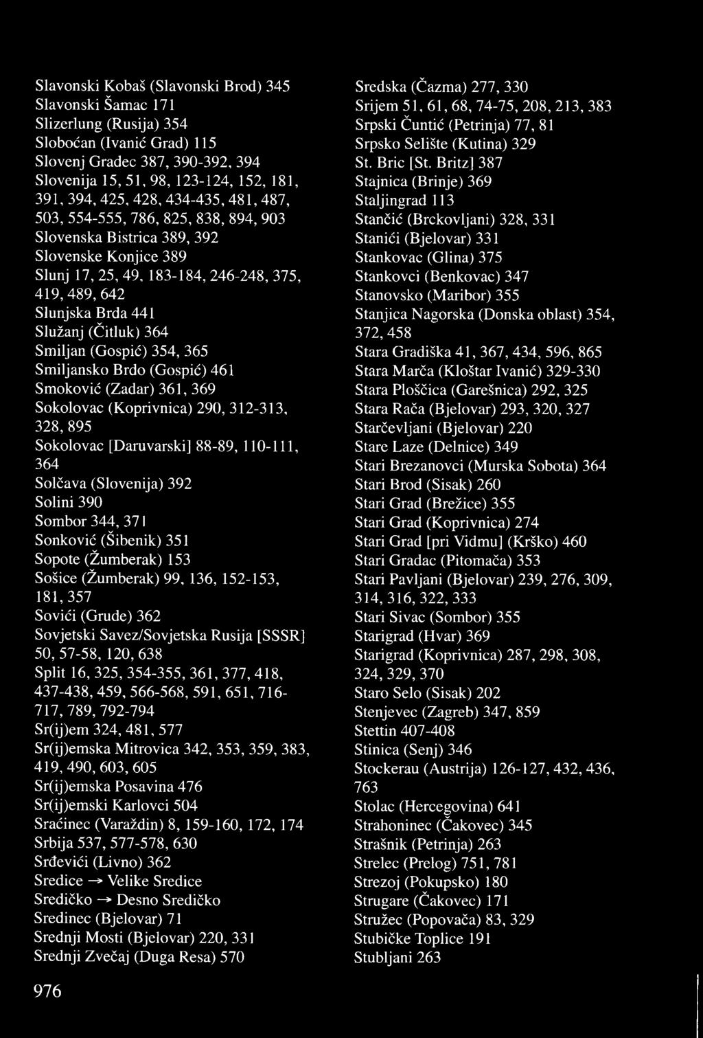 (Čitluk) 364 Smiljan (Gospić) 354, 365 Smiljansko Brdo (Gospić) 461 Smoković (Zadar) 361, 369 Sokolovac (Koprivnica) 290, 312-313, 328,895 Sokolovac [Daruvarski] 88-89, 110-111, 364 Solčava