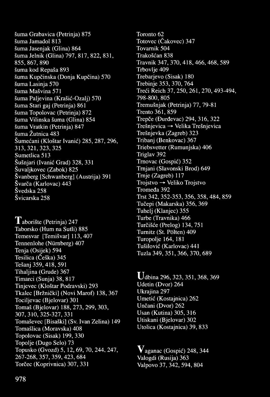 (Kloštar Ivanić) 285, 287, 296, 313,321,323,325 Sumetlica 513 Šušnjari (Ivanić Grad) 328, 331 Šuvaljkovec (Zabok) 825 Švanberg [Schwanberg] (Austrija) 391 Švarča (Karlovac) 443 Švedska 258 Švicarska