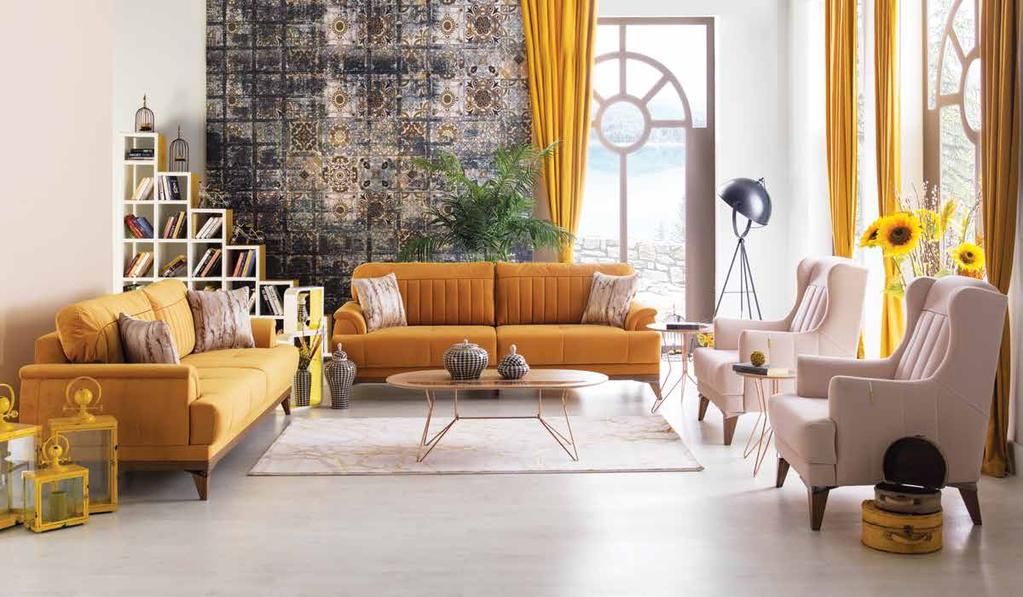 Sitting Group / Katre Yellow Cream - Marble Cream Main Aksesuar: Scarlet Orta Sehpa - Scarlet İkili Zigon Sehpa Accessories: Scarlet Coffee