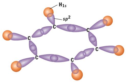 Benzen de sigma (s-) bağları Her bir karbon atomu, sp