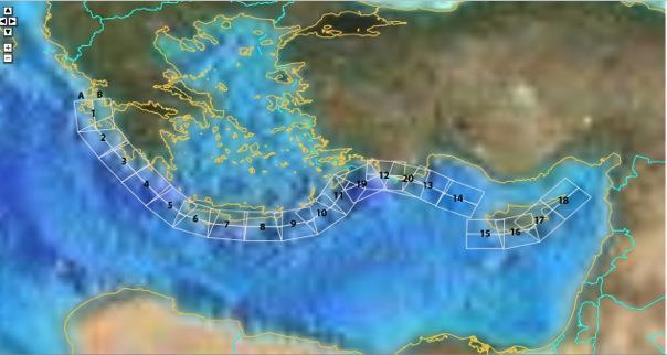 Şekil 12. RUM (Gudmundsson ve Sambridge, 1998) kullanılarak Helenik ve Kıbrıs Yayları boyunca oluşturulan birim tsunami kaynaklarının (Şekil 11) ComMIT ortamında gösterimi.