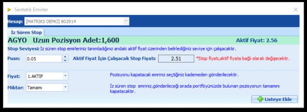 Sağ klik menüleri altında yer almaktadır. Üzerinde sağ klik yaptığınız sembol ve var olan pozisyonu göstererek açılır. Pencerenin adı Sentetik Emirler dir. Üstte hesap bilgisi yer alır.