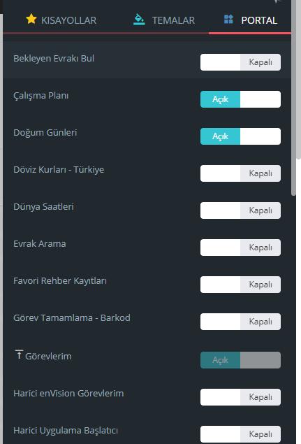 Kullanmak istediğiniz portal partı Açık / Kapalı seçeneği ile ana sayfaya ekleyebilirsiniz.