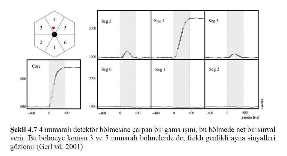 bölümde gözlenen sinyallerin detaylı analizi yapılabilmektedir. Gelen bir gama ıģını detektöre çarptığında, sadece çarptığı bölümden değil komģu bölümlerden de sinyal gelmektedir.