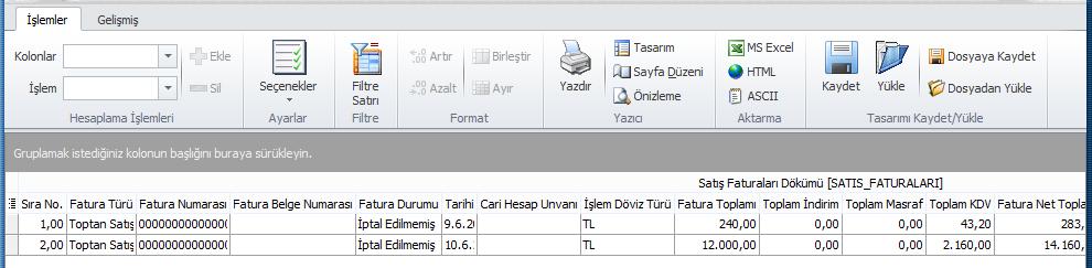 Tablo kolonlarında seçilen bilgiler standart bir şekilde gridin kolon ve satırlarına yerleştirilir.