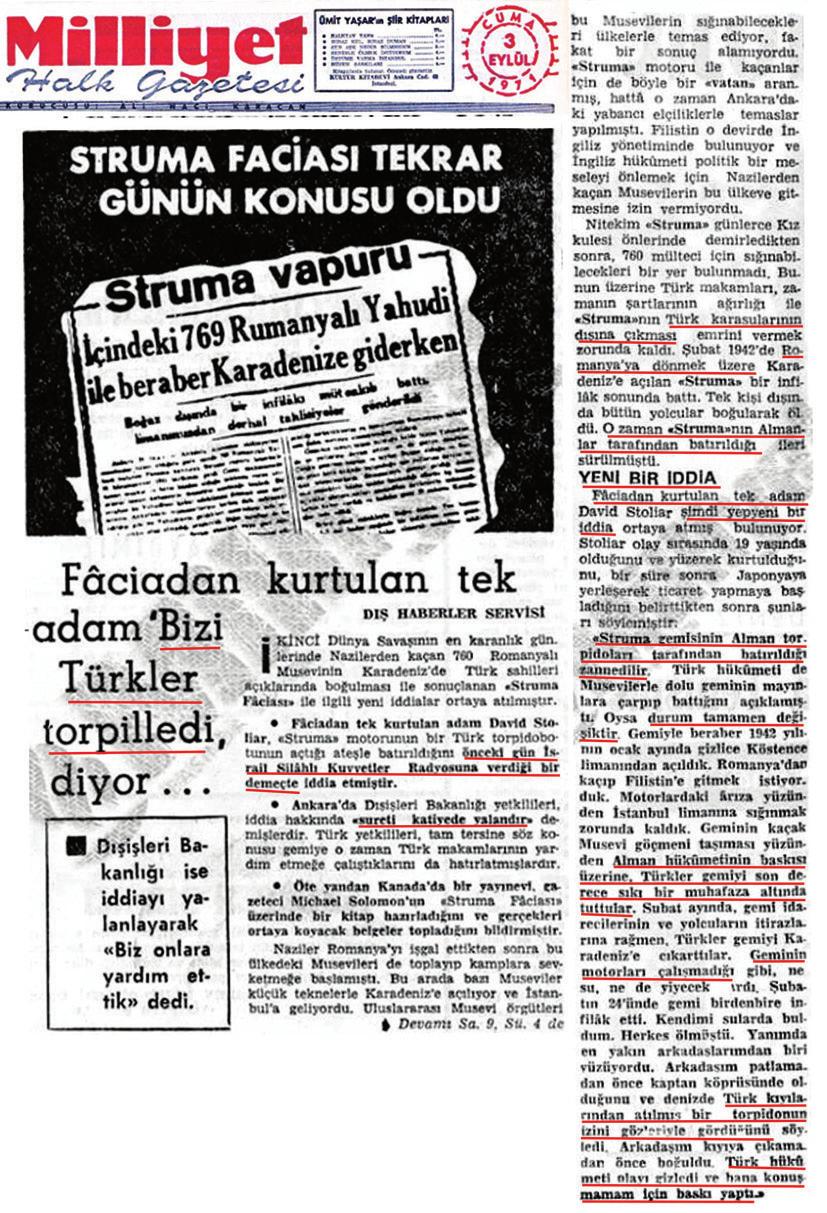 David Stoliar n srail Ordu Radyosu ndan yay mlanan suçlamas na karfl Türk D flifllerinin aç klamas. (Milliyet Gzt. 03.09.1971) bat r lm flt.